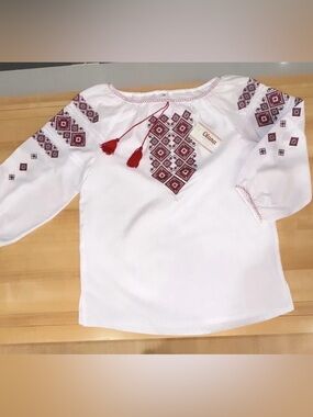 Olana Vishivanka White Embroidered Top with Red Tassels